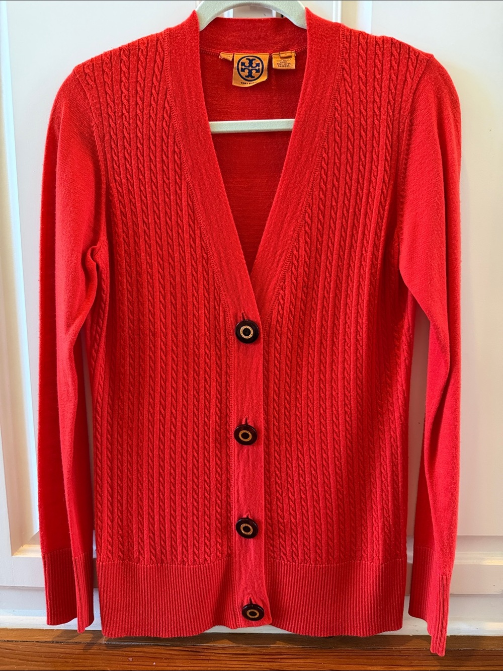 Tory Burch Coral Cable-Knit V-Neck Cardigan - medium 100% wool